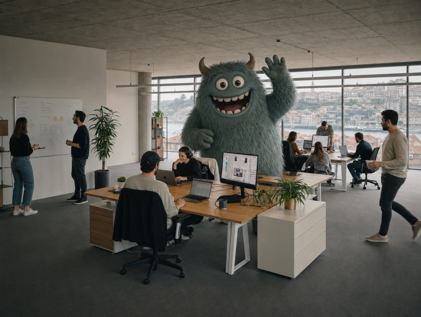 A friendly furry monster waving among the studio team