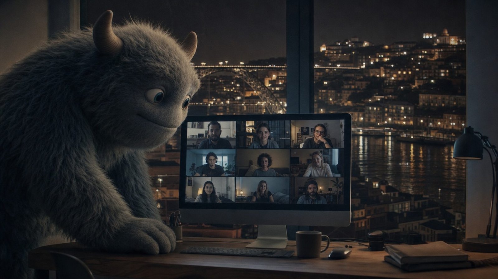 A furry monster at a desk on a video call with the studio team, Porto lit up at night behind the window